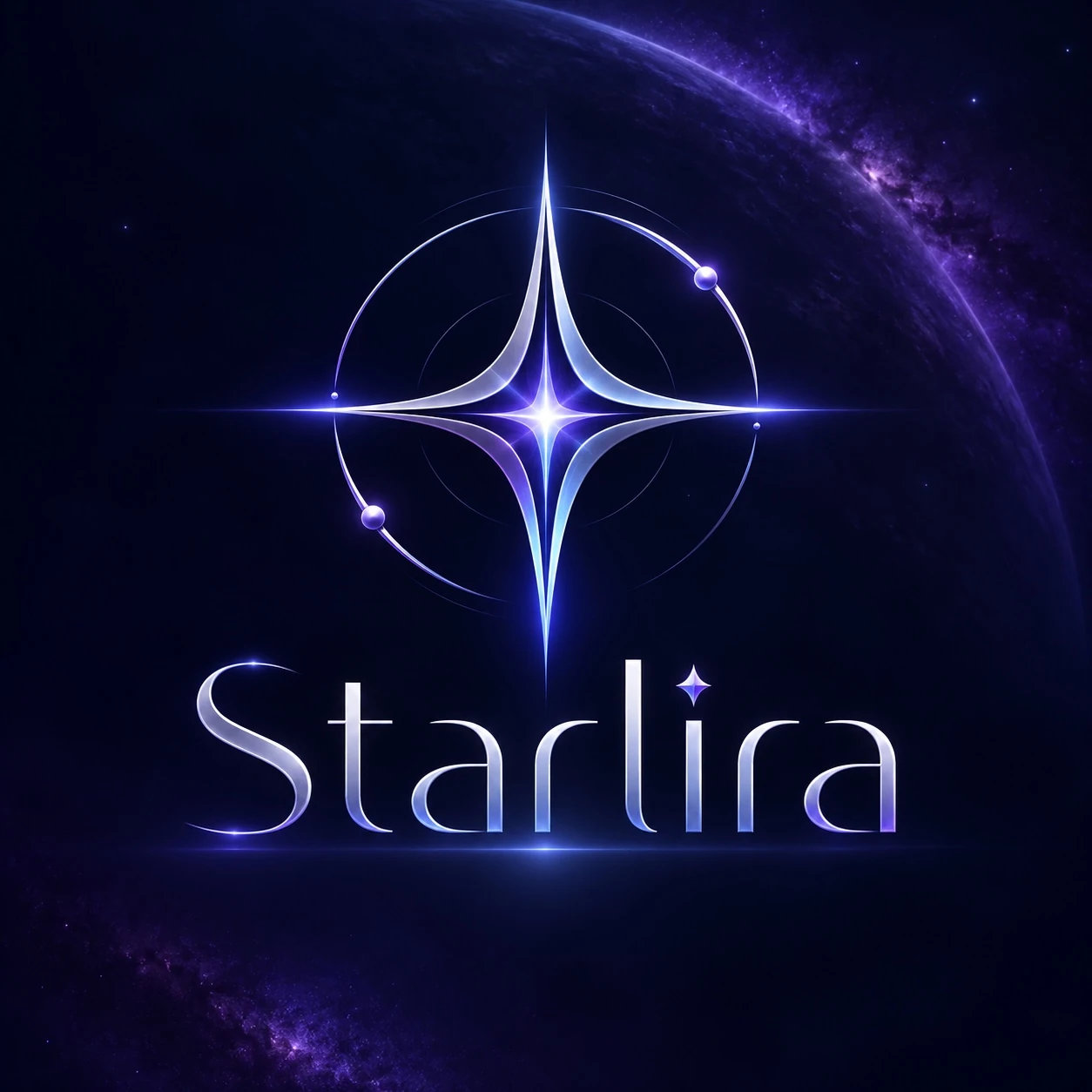 Starlira’s signature silver-lavender celestial star emblem above its elegant wordmark, against a deep-purple cosmic sky